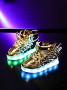GUANGLAN USB 可充电 LED 发光鞋,儿童发光运动鞋,幼儿,男孩,女孩,闪光夜灯鞋,春季、秋季、冬季休闲运动鞋,皮革高帮平底运动鞋,切尔西风格 - 金色 - 查看 3
