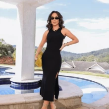 Long Cinnamon Dress With Opening At The Back And Slit At The Leg - 黑色 - 查看 1