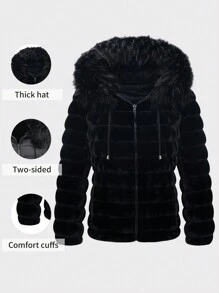 Chaqueta con capucha y cuello de piel sintética para mujer talla grande Risissida, abrigo acolchado reversible informal, adecuado para otoño - Negro - Ver 2