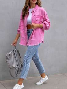 Women's Jeans Coat Ripped Distressed Denim Jacket Long Sleeve Button Down Boyfriend Jeans Coat Trucker Jacket - Pink - View 4