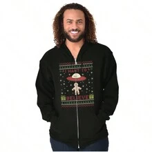 Ugly Christmas Sweater Graphic Zipper Hoodie Xmas Festive Winter Holiday Season I Want To Believe UFO Gingerbread Man Knit Stitch Pattern Casual Everyday Cotton Printed Thermal Lined Zip Up Drawstring Hooded Sweatshirt - Black - View 1
