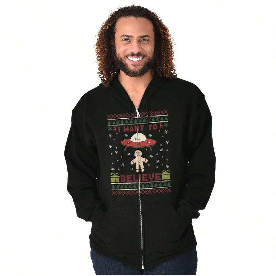 Ugly Christmas Sweater Graphic Zipper Hoodie Xmas Festive Winter Holiday Season I Want To Believe UFO Gingerbread Man Knit Stitch Pattern Casual Everyday Cotton Printed Thermal Lined Zip Up Drawstring Hooded Sweatshirt - Black - View 1
