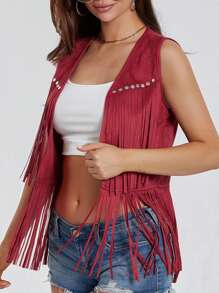 Women's Boho Hippie Chic Waistcoat Vest Ultra Lightweight Solid Hue Open Front Sleeveless Jacket Adorned With Tassels  Streetwear Layering