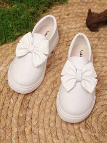 Kids Fashionable Cute Solid Color Bow Soft Bottom Non-Slip Casual White Shoes, Suitable For Daily Wear, Holiday, Party, And Performance - White - View 3
