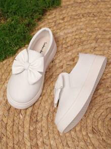 Kids Fashionable Cute Solid Color Bow Soft Bottom Non-Slip Casual White Shoes, Suitable For Daily Wear, Holiday, Party, And Performance - White - View 2