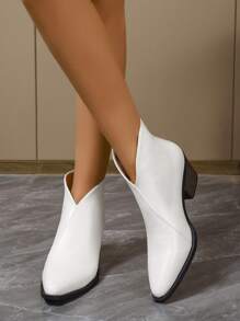 适合连帽衫、复古英伦风格白色女式踝靴、春秋季、尖头粗跟短靴 - 白色 - 查看 3
