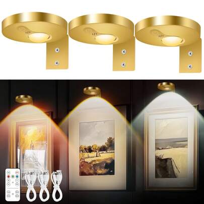 3Pcs Rechargeable Picture Lights For Wall, 1200mAh Battery Operated Wall Frame Lights, Puck Lights With Remote, Dimmable & Timer Art Lighting For Paintings Wireless, Magnetic Gallery Light Gold