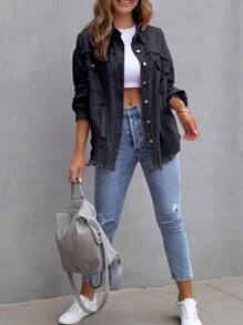 Women's Ripped Distressed Denim Jacket Long Sleeve Button Down Boyfriend Jean Coat Trucker Jacket - Black - View 5