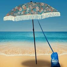 Beach Umbrella For Sand – Windproof Beach Umbrella With Sand Anchor Bag, Portable Sport Umbrella, Fringe, Denim Beach Umbrella Bag, Features Pointed Bottom & 100% UV Sun Protection – Bahama (Flora) - Multicolor - View 1