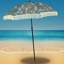 Beach Umbrella For Sand – Windproof Beach Umbrella With Sand Anchor Bag, Portable Sport Umbrella, Fringe, Denim Beach Umbrella Bag, Features Pointed Bottom & 100% UV Sun Protection – Bahama (Flora) - Multicolor - View 2