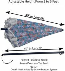 Beach Umbrella For Sand – Windproof Beach Umbrella With Sand Anchor Bag, Portable Sport Umbrella, Fringe, Denim Beach Umbrella Bag, Features Pointed Bottom & 100% UV Sun Protection – Bahama (Flora) - Multicolor - View 5