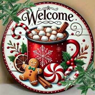 8x8 Inch Round Metal Christmas Welcome Sign - Gingerbread And Holiday Wreath Decor Plate, Suitable For Room, Wall, Dining, Bar, Cafe And Garage Decoration - Gingerbread Theme, Random Hole Positions
