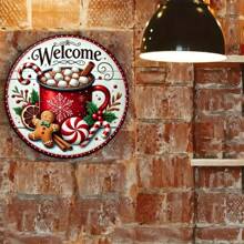 8x8英寸圆形金属圣诞欢迎牌 - 姜饼和节日花环装饰盘，适用于房间、墙壁、餐厅、酒吧、咖啡馆和车库装饰 - 姜饼主题，孔位随机 - 彩色 - 查看 10