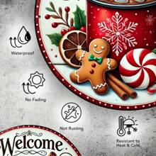 8x8英寸圆形金属圣诞欢迎牌 - 姜饼和节日花环装饰盘，适用于房间、墙壁、餐厅、酒吧、咖啡馆和车库装饰 - 姜饼主题，孔位随机 - 彩色 - 查看 7