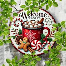 8x8英寸圆形金属圣诞欢迎牌 - 姜饼和节日花环装饰盘，适用于房间、墙壁、餐厅、酒吧、咖啡馆和车库装饰 - 姜饼主题，孔位随机 - 彩色 - 查看 8