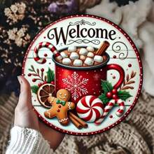 8x8英寸圆形金属圣诞欢迎牌 - 姜饼和节日花环装饰盘，适用于房间、墙壁、餐厅、酒吧、咖啡馆和车库装饰 - 姜饼主题，孔位随机 - 彩色 - 查看 6