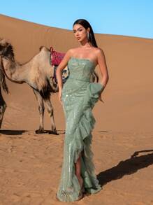 Faeriesty Elegante vestido de noche sin tirantes de alta costura con cierre de lazo en la espalda y bajo asimétrico con volantes - Vestido de cola de sirena con detalles de cristales para galas de etiqueta negra, bodas de lujo, ceremonias de premiación formales, eventos de alfombra roja y funciones benéficas de alto perfil