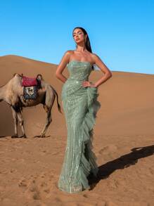 Faeriesty Elegante vestido de noche sin tirantes de alta costura con cierre de lazo en la espalda y bajo asimétrico con volantes - Vestido de cola de sirena con detalles de cristales para galas de etiqueta negra, bodas de lujo, ceremonias de premiación formales, eventos de alfombra roja y funciones benéficas de alto perfil