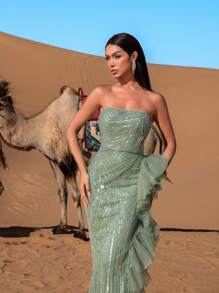 Faeriesty Elegante vestido de noche sin tirantes de alta costura con cierre de lazo en la espalda y bajo asimétrico con volantes - Vestido de cola de sirena con detalles de cristales para galas de etiqueta negra, bodas de lujo, ceremonias de premiación formales, eventos de alfombra roja y funciones benéficas de alto perfil