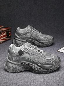 Men Casual Outdoor Sports Sneakers, New Personalized Versatile Tire Bottom Niche Chunky Shoes, Thick Sole Anti-Slip Breathable Casual Lace-Up Shoes For Campus, Travel, Walking, Dirty Retro Style Mesh Durable Vintage Bread Shoes, Random Distressed Color - Grey - View 2