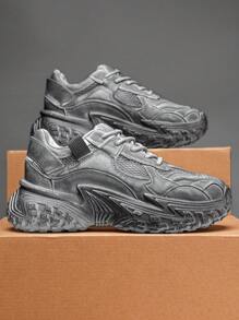 Men Casual Outdoor Sports Sneakers, New Personalized Versatile Tire Bottom Niche Chunky Shoes, Thick Sole Anti-Slip Breathable Casual Lace-Up Shoes For Campus, Travel, Walking, Dirty Retro Style Mesh Durable Vintage Bread Shoes, Random Distressed Color - Grey - View 5