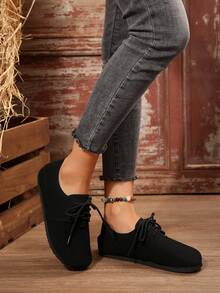 Giày bệt đế mềm đơn giản, thoải mái, buộc dây, thời trang xuân/thu mới cho nữ cỡ lớn 35-43 - màu đen - Xem 7