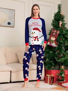 1 Set Women's Christmas Happy Colorblock Raglan Sleeve Snowman Print Long Sleeve Top And All-Over Print Pants Pajama Set, Fall Winter Clothes - Multicolor - View 3