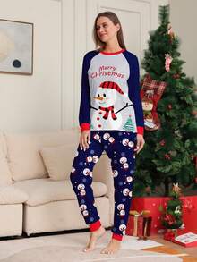 1 Set Women's Christmas Happy Colorblock Raglan Sleeve Snowman Print Long Sleeve Top And All-Over Print Pants Pajama Set, Fall Winter Clothes - Multicolor - View 4