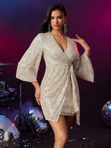 Double Crazy Trumpet Sleeve Tie Front Sequin Wrap Bodycon Cocktail Dress - Champagne - View 6
