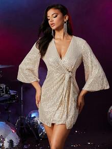 Double Crazy Trumpet Sleeve Tie Front Sequin Wrap Bodycon Cocktail Dress - Champagne - View 4