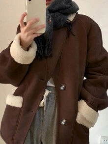 女士休闲撞色保暖衬里翻领长袖简约冬季夹克 - 棕色 - 查看 6