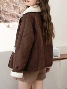 女士休闲撞色保暖衬里翻领长袖简约冬季夹克 - 棕色 - 查看 2