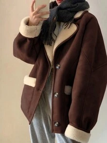 女士休闲撞色保暖衬里翻领长袖简约冬季夹克 - 棕色 - 查看 5