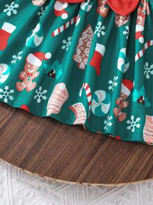 Trang phục ngày lễ in họa tiết trang trí Giáng sinh cho trẻ sơ sinh và bé gái, váy tay lửng cạp trễ cho bé gái kèm khăn trùm đầu - màu xanh lá - Xem 5