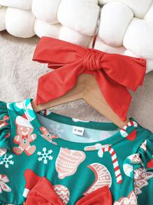 Trang phục ngày lễ in họa tiết trang trí Giáng sinh cho trẻ sơ sinh và bé gái, váy tay lửng cạp trễ cho bé gái kèm khăn trùm đầu - màu xanh lá - Xem 6