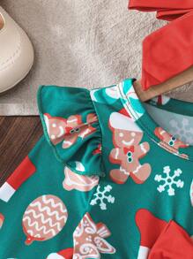 Trang phục ngày lễ in họa tiết trang trí Giáng sinh cho trẻ sơ sinh và bé gái, váy tay lửng cạp trễ cho bé gái kèm khăn trùm đầu - màu xanh lá - Xem 4