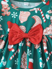 Trang phục ngày lễ in họa tiết trang trí Giáng sinh cho trẻ sơ sinh và bé gái, váy tay lửng cạp trễ cho bé gái kèm khăn trùm đầu - màu xanh lá - Xem 3