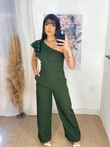 Mule Jumpsuit With Limp Pants, Details On The Sleeve - 軍綠色 - 查看 1