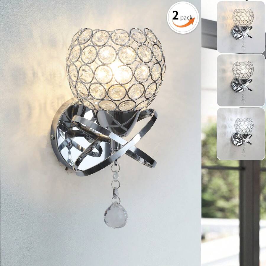 2-Pack Crystal Wall Sconces – Gold/Silver Finish, Modern Hardwired Wall Lights With Bulbs - Bạc - Xem 1
