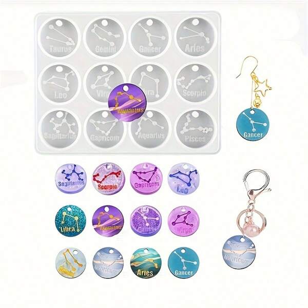 1pc 12 Zodiac Pendant Resin Mold, Round 12 Zodiac Symbol, Epoxy Resin Jewelry Mold, Adequado para artesanato, presentes artesanais, artesanato, chaveiro DIY, pingente de brinco de joia, molde de fundição