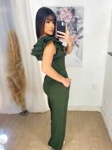 Mule Jumpsuit With Limp Pants, Details On The Sleeve - 軍綠色 - 查看 5
