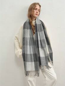 1 条休闲时尚格子围巾，百搭秋冬季 - 黑色 - 查看 3