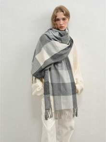 1 条休闲时尚格子围巾，百搭秋冬季 - 黑色 - 查看 2