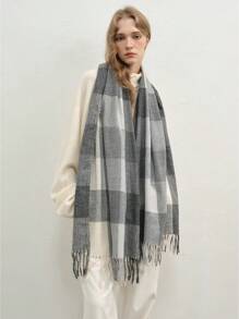 1 条休闲时尚格子围巾，百搭秋冬季 - 黑色 - 查看 1