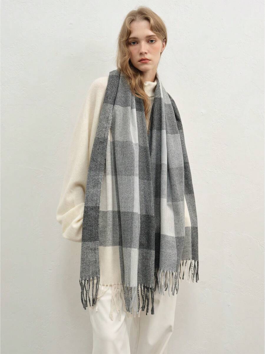 1 条休闲时尚格子围巾，百搭秋冬季 - 黑色 - 查看 1