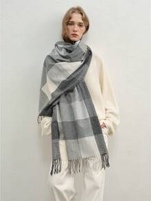 1 条休闲时尚格子围巾，百搭秋冬季 - 黑色 - 查看 4