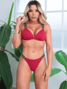 Bikini With Stylized Strap And Polyamide Woven String Panties - 顏色隨機傳送 - 查看 4