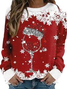 女士秋冬圆领时尚可爱圣诞酒杯图案派对运动衫套头衫 - 紅色 - 查看 1