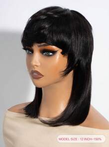 Parrucca in veri capelli umani stile mullet per donna, colore 1B, parrucca corta in capelli umani neri naturali con frangia, parrucca a caschetto pixie in alta qualità di capelli vergini umani senza colla, taglio di capelli a strati e wolf cut, parrucca sostitutiva per uso quotidiano - Naturale e nero - Visualizzare 2