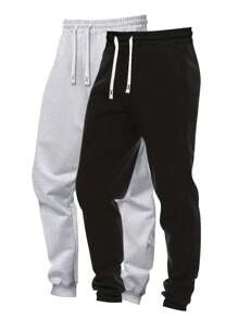 2pcs/Set Plus Size Men Casual Solid Color Drawstring Waist Jogger Sweatpants